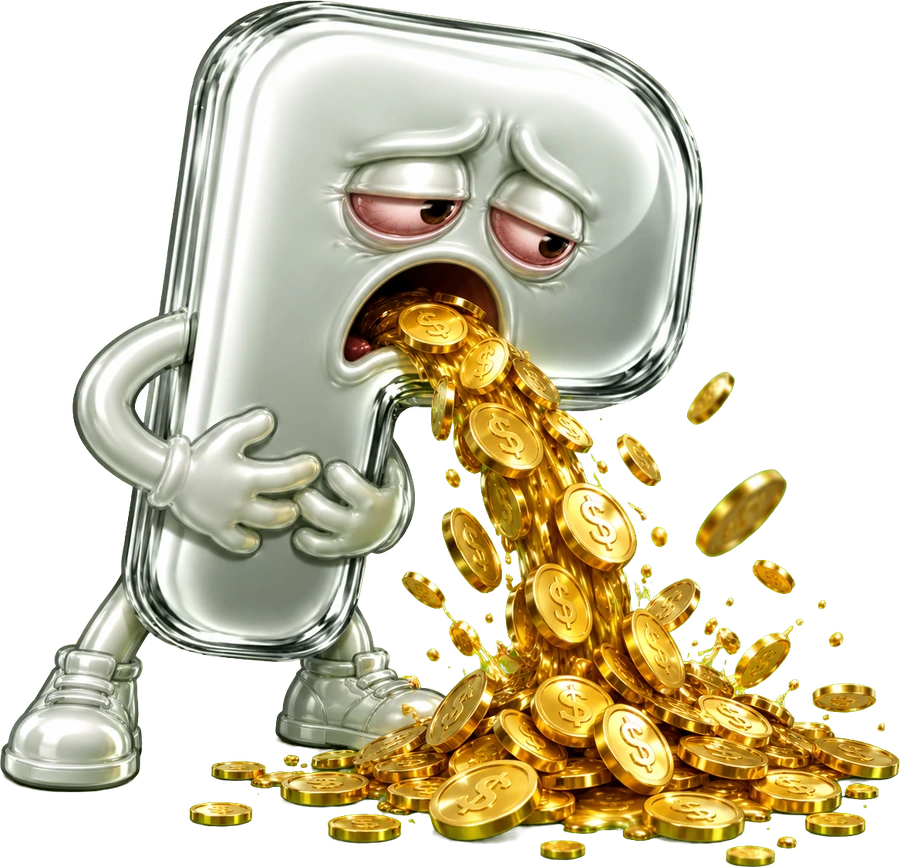 the letter p, hunched over, hands on its stomach, quietly returning a fortune it never asked for